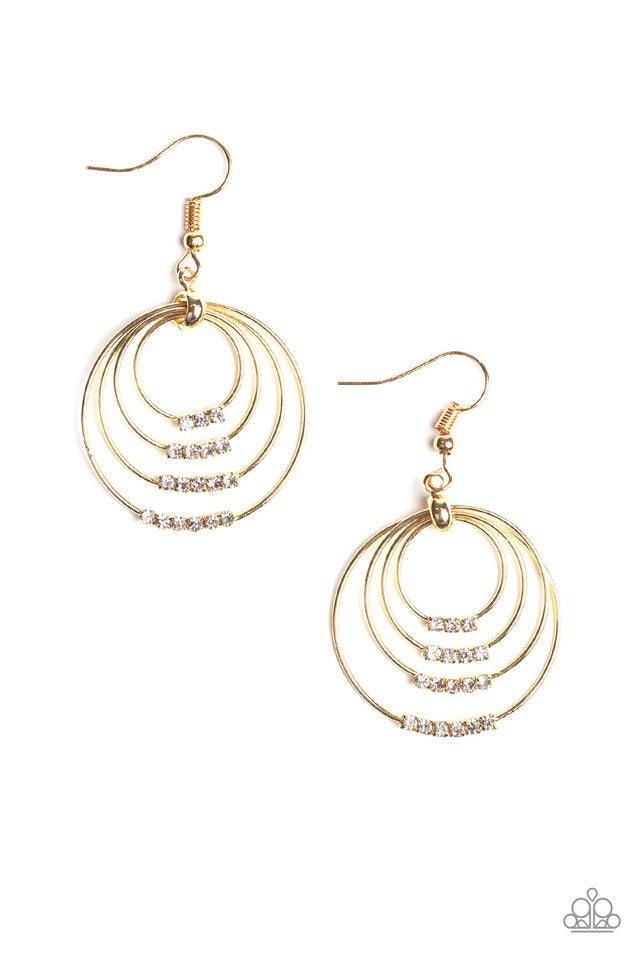Paparazzi Accessories Sparkle Spectrum - Gold The bottoms of dainty gold hoops are encrusted in rows of glassy white rhinestones as the frames ripple from the ear, coalescing into a dizzying lure. Earring attaches to a standard fishhook fitting. Jewelry