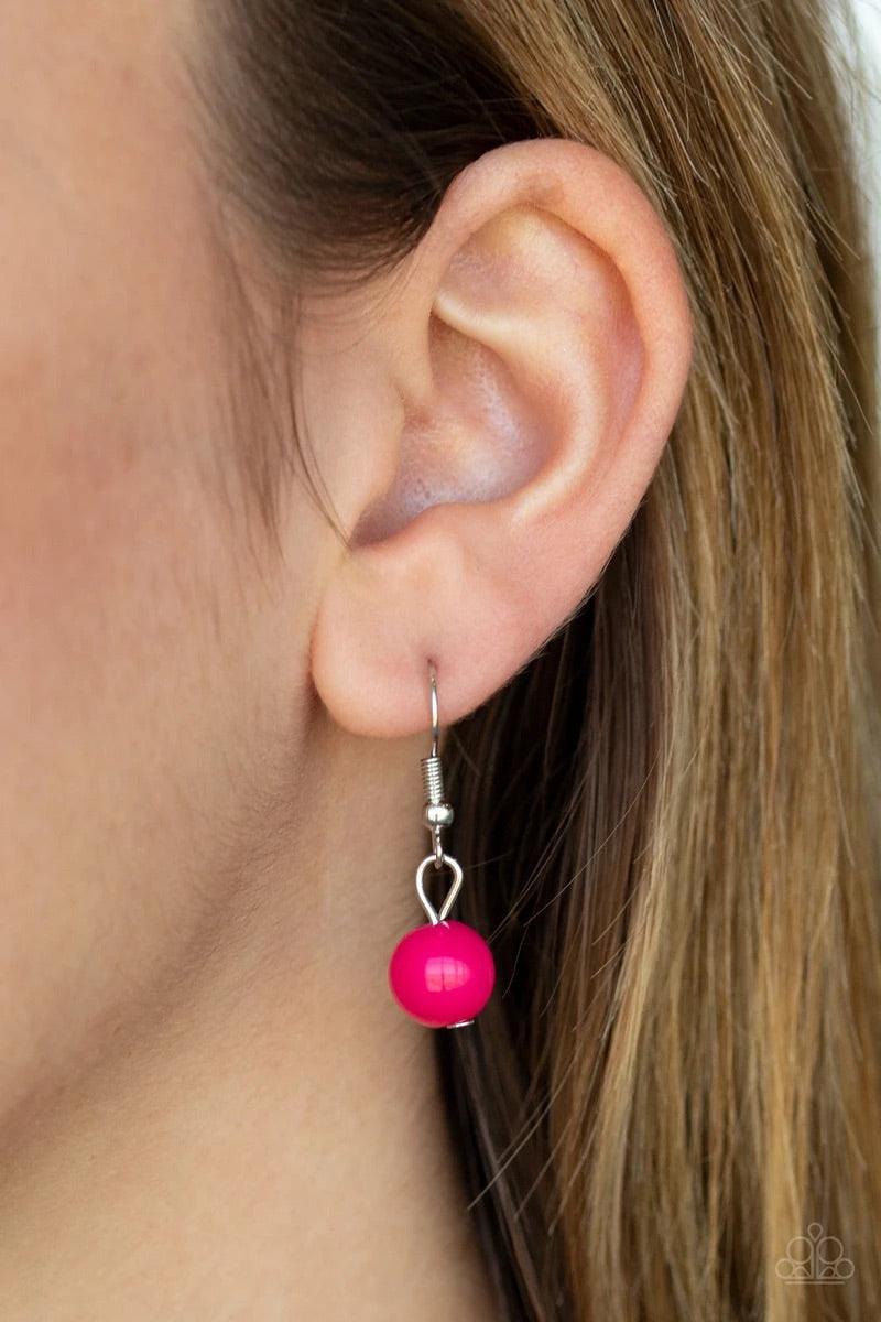 Paparazzi Accessories Walk This BROADWAY - Pink A collection of bubbly pink beads swings from the bottom of a shimmery silver chain, creating a vivacious fringe below the collar. Features an adjustable clasp closure. Sold as one individual necklace. Inclu