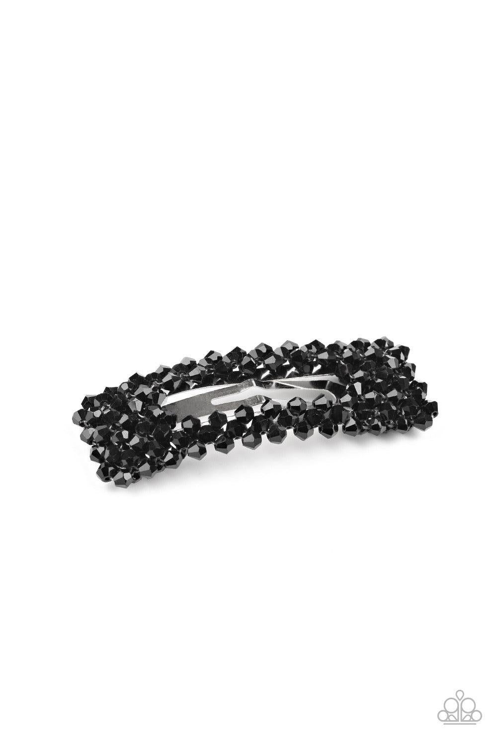 Paparazzi Accessories No Filter - Black Faceted black crystal-like beads bedazzle the front of a rectangular hair clip for a sparkly finish. Features a standard snap clip on the back. Sold as one individual hair clip. Hair Accessories