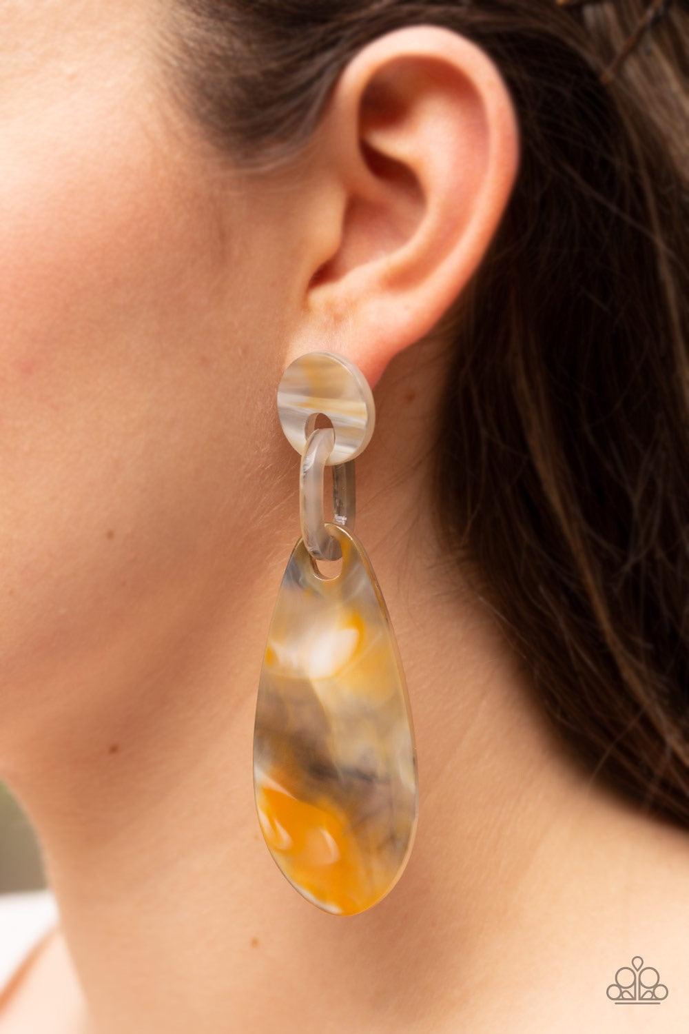 Paparazzi Accessories A HAUTE Commodity - Yellow Brushed in a faux marble finish, smoky acrylic frames attach into a retro lure. Colors may vary. Earring attaches to a standard post fitting. Jewelry