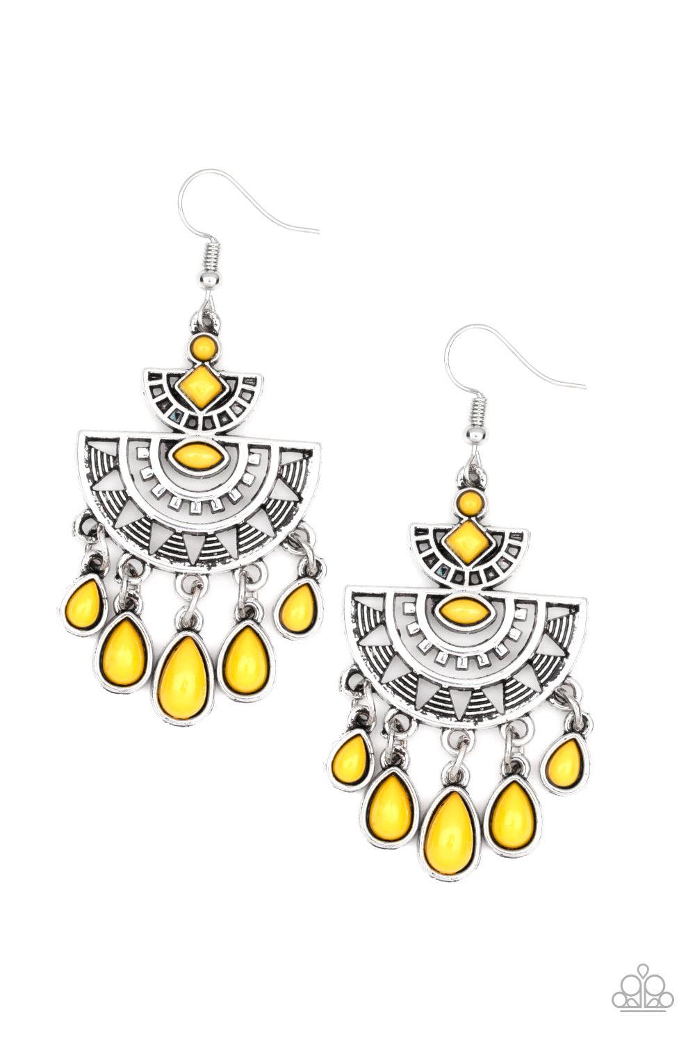 Paparazzi Accessories SOL Searching - Yellow Radiating with sunburst patterns, a yellow beaded silver frame gives way to a matching yellow teardrop fringe for a seasonal flair. Earring attaches to a standard fishhook fitting. Jewelry
