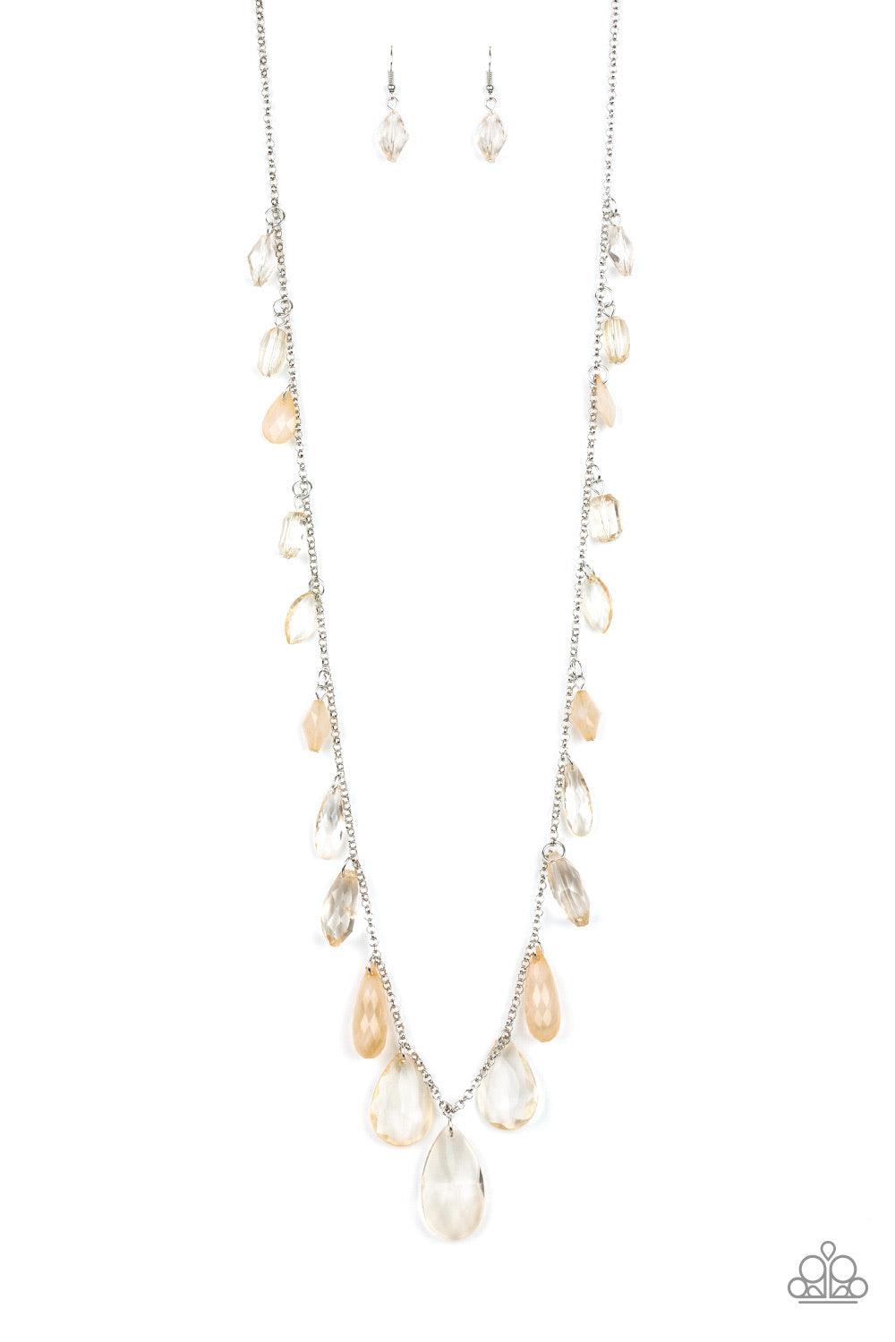Paparazzi Accessories Glow And Steady Wins The Race - Brown A gorgeous collection of glassy and cloudy brown crystal-like beads trickle along a shimmery silver chain down the chest in a whimsical fashion. Features an adjustable clasp closure. Sold as one