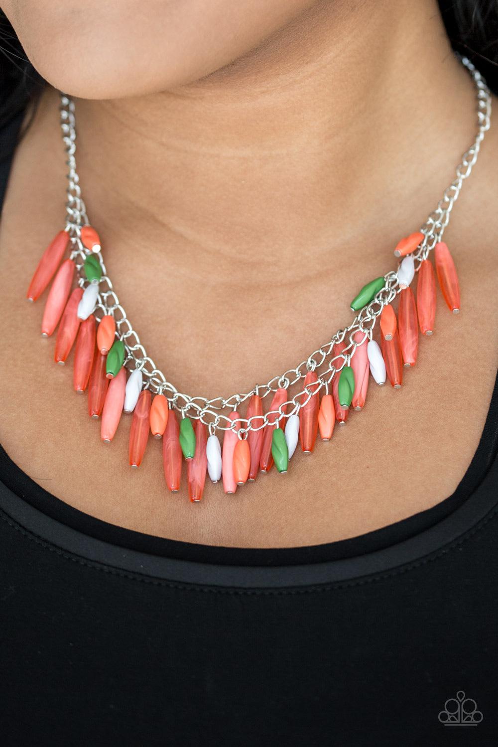Paparazzi Accessories Speak of The Diva - Multi A row of faceted coral, green and white beads swings above a row of opaque coral beads, creating fierce layers below the collar. Features an adjustable clasp closure. Jewelry