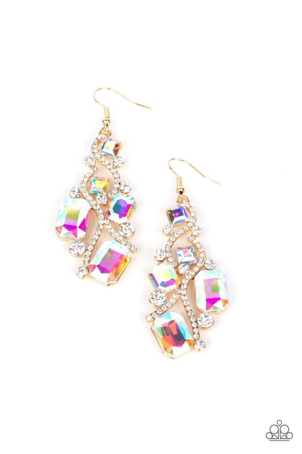 Paparazzi Accessories Interstellar Illumination- Multi Golden ribbons of glassy white rhinestones whirl around a chandelier of classic round white rhinestones and emerald and square cut iridescent rhinestones, coalescing into an effervescent elegance. Ear