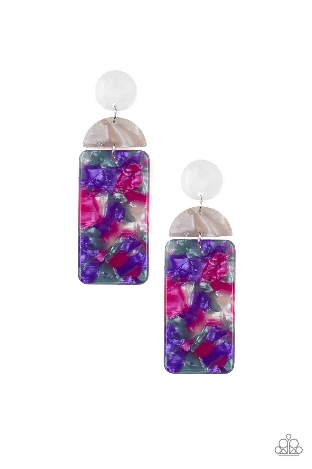 Paparazzi Accessories HAUTE On Their Heels - Purple Brushed in a collision of faux marble finishes, an assortment of acrylic frames link into a retro inspired lure for a flirtatious flair. Earring attaches to a standard post fitting. Jewelry