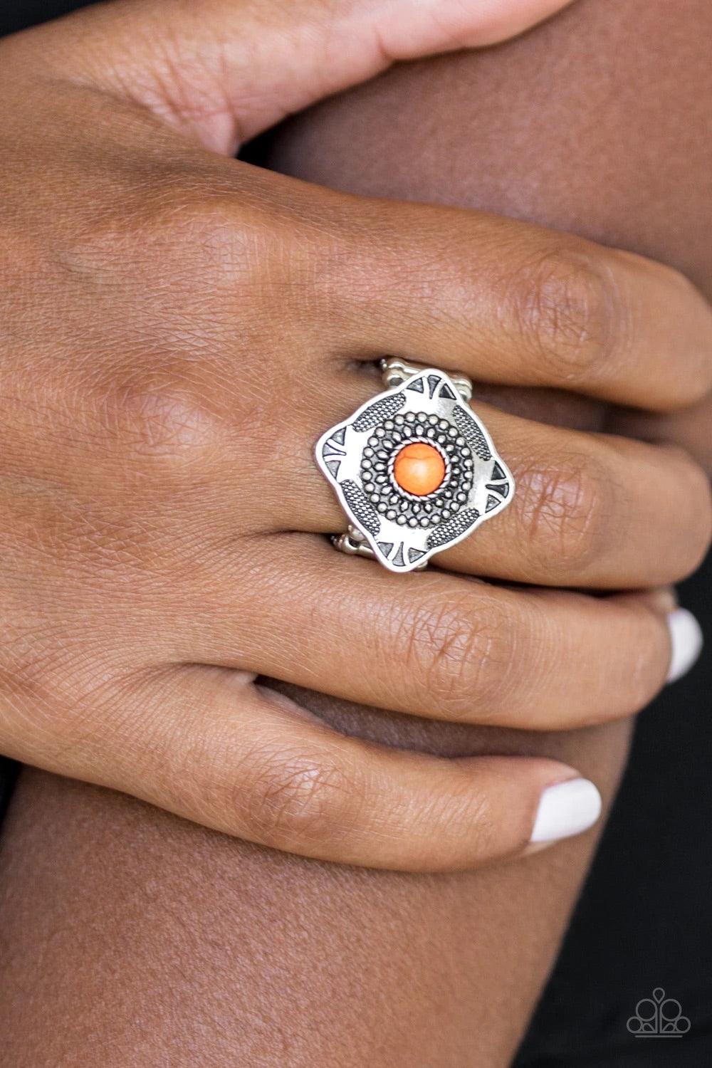 Paparazzi Accessories Four Corners Fashion - Orange Embossed and studded in tribal inspired patterns, a tilted square frame sits atop the finger. A vivacious orange stone dots the center of the frame for a seasonal finish. Features a stretchy band for a f