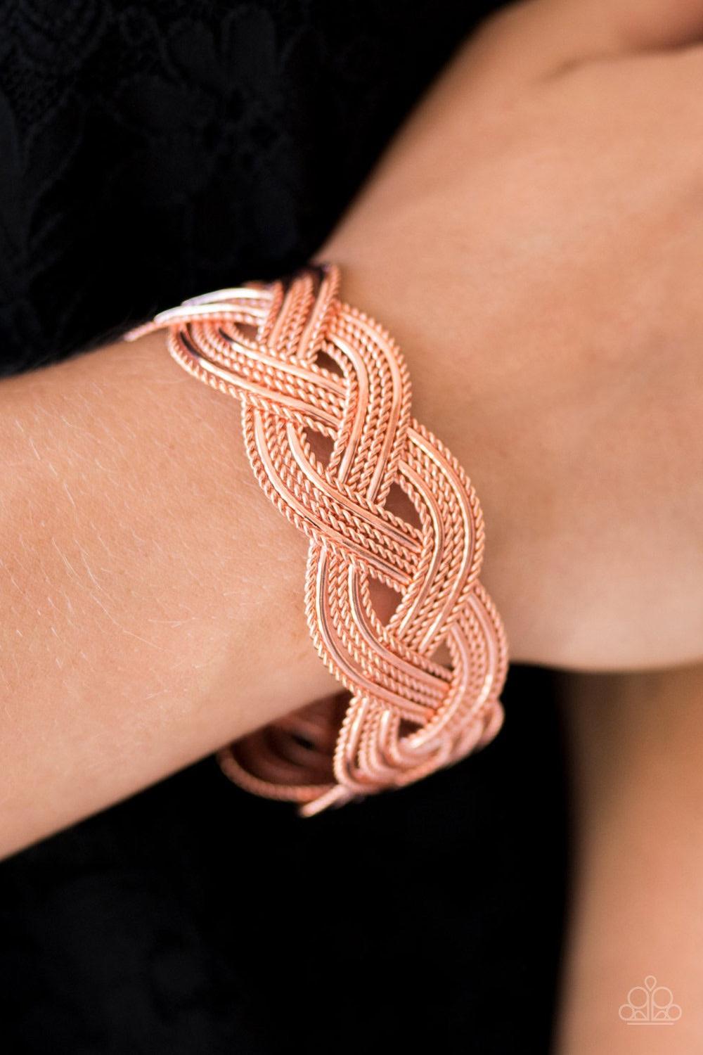 Paparazzi Accessories Civil Serpent - Copper Brushed in a shiny copper finish, twisted rope-like bars weave with smooth bars across the wrist, creating a beautiful braided cuff. Jewelry