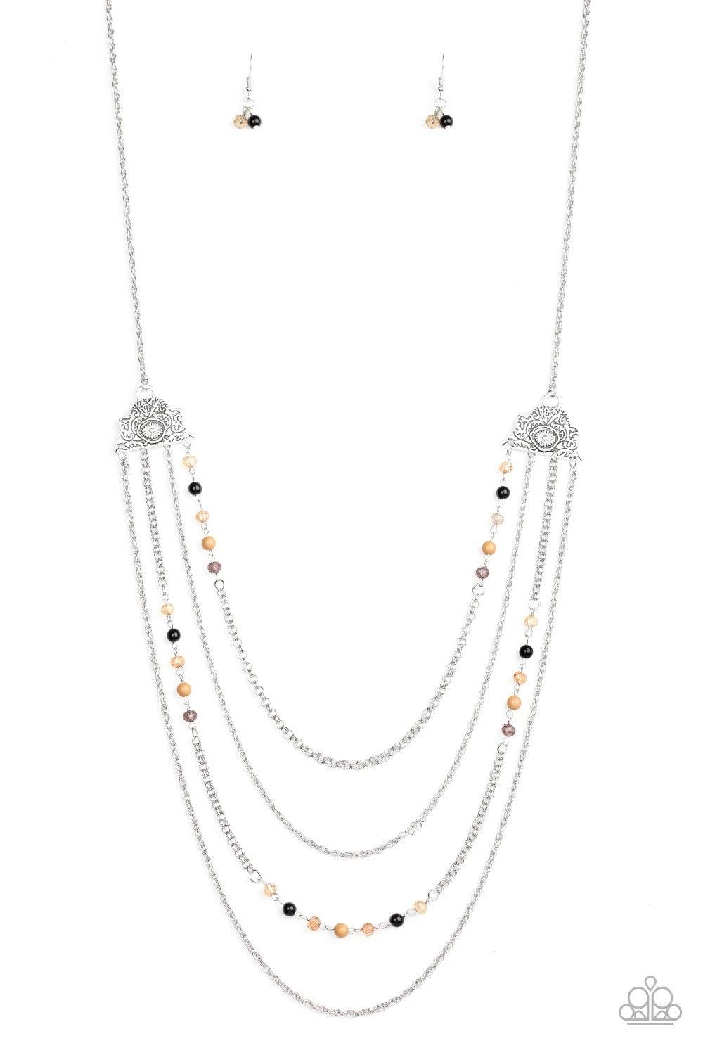 Paparazzi Accessories Pharaoh Finesse - Multi Attached to two ornate floral silver fittings, shimmery silver chains and strands of polished brown, black, and glassy crystal-like beads cascade across the chest for a whimsically layered look. Features an ad