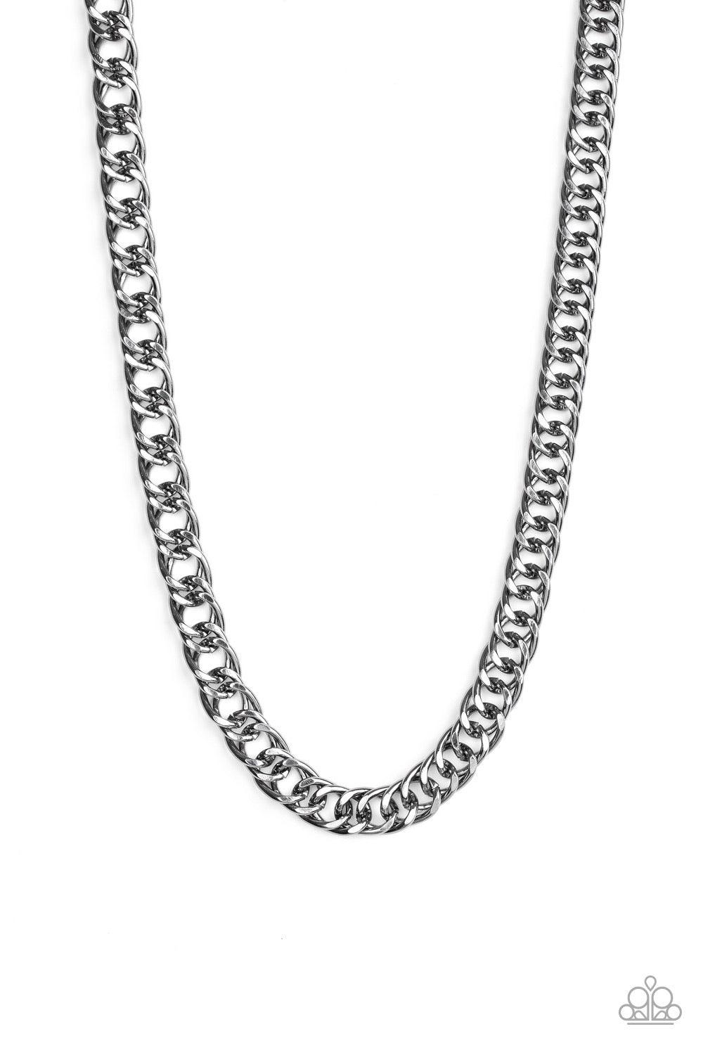 Paparazzi Accessories Omega - Black Featuring double links, an oversized gunmetal beveled cable chain drapes across the chest for a sleek, upscale look. Features an adjustable clasp closure. Jewelry