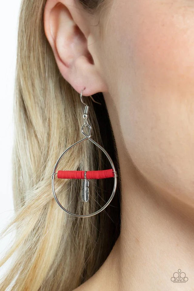 Paparazzi Accessories Free Bird Freedom White: Infused with a dainty silver feather charm, a dainty row of rubbery white discs are threaded along a metallic rod inside an airy silver hoop for a free-spirited fashion. Earring attaches to a standard fishhoo