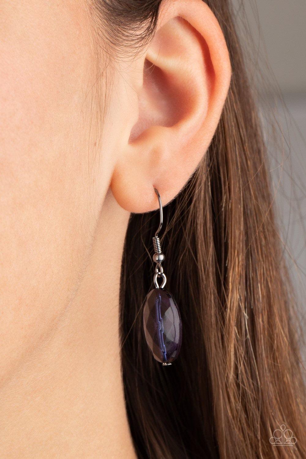 Paparazzi Accessories I Need a GLOW-cation ~Blue Strung between two matching Blue Depths gem-like fittings, two glittery rows of Blue Depths oval gems flank a strand of bold gunmetal chain below the collar for a flawlessly layered look. Features an adjust