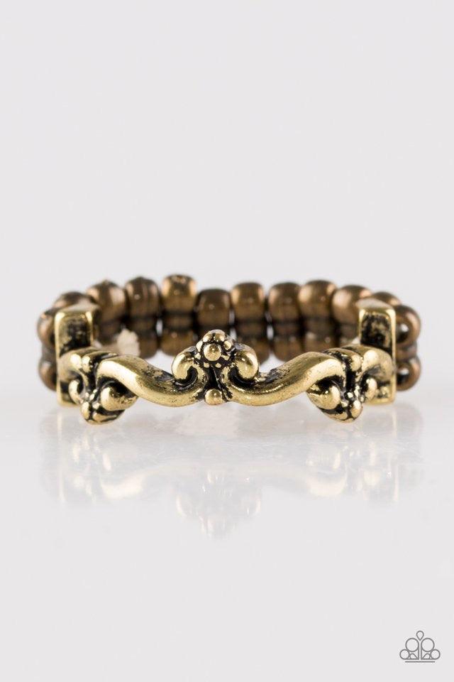 Paparazzi Accessories Serenely Summer - Brass Floral brass filigree dances across the finger, creating a dainty band. Features a dainty stretchy band for a flexible fit. Jewelry
