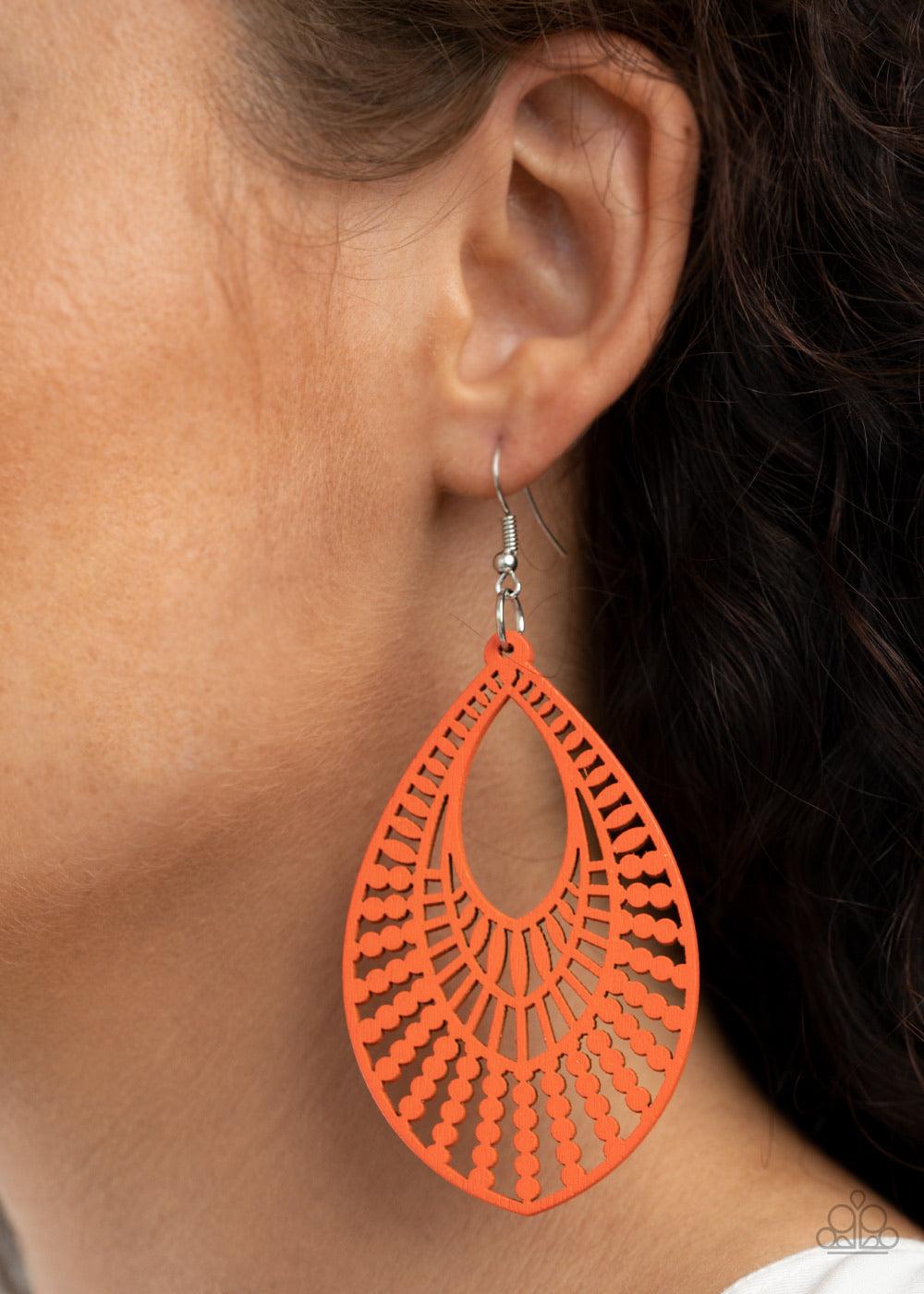 Paparazzi Accessories Bermuda Breeze - Orange Brushed in a refreshing orange finish, an airy wooden frame is cut into a stenciled teardrop lure for a summery flair. Earring attaches to a standard fishhook fitting. Sold as one pair of earrings. Jewelry