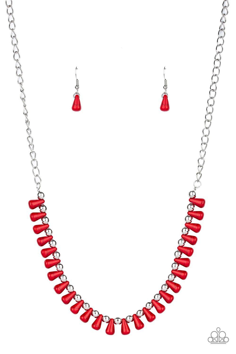 Paparazzi Accessories Extinct Species - Red Red teardrop stones and classic silver beads are threaded along an invisible wire. The earthy beads alternate below the collar, creating a wild fringe. Features an adjustable clasp closure. Sold as one individua