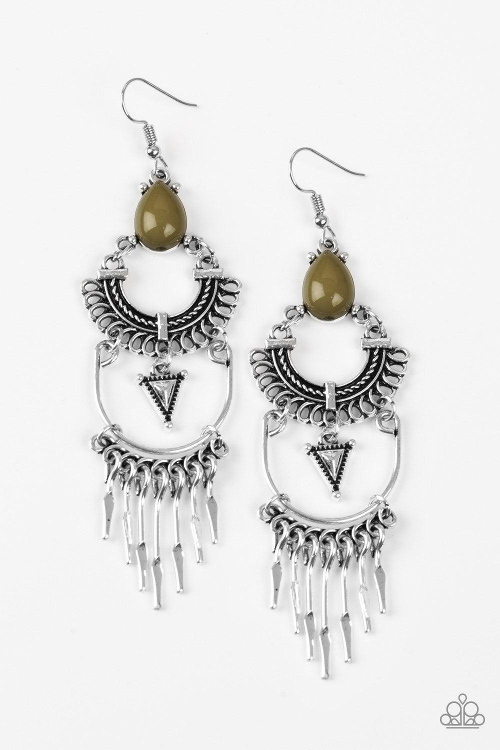 Paparazzi Accessories Progressively Pioneer - Green A Martini Olive teardrop bead sits atop stacked silver frames that are linked together to allow flowy movement. Featuring tribal inspired patterns, the dramatically stacked frames give way to flared rods