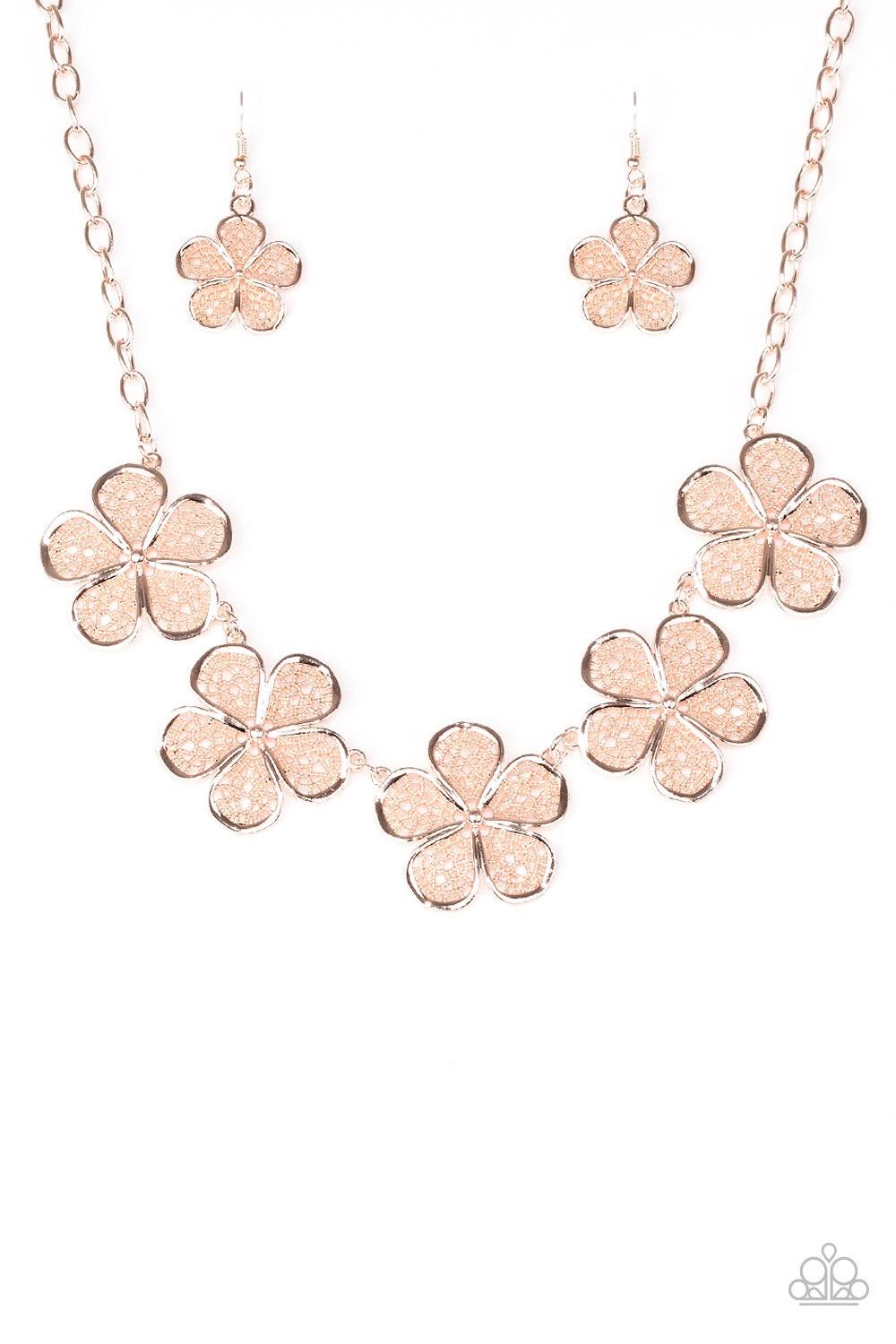 Paparazzi Accessories No Common Daisy - Gold Featuring lace-like petals, glistening rose gold daisies link below the collar for a seasonal look. Features an adjustable clasp closure. Jewelry