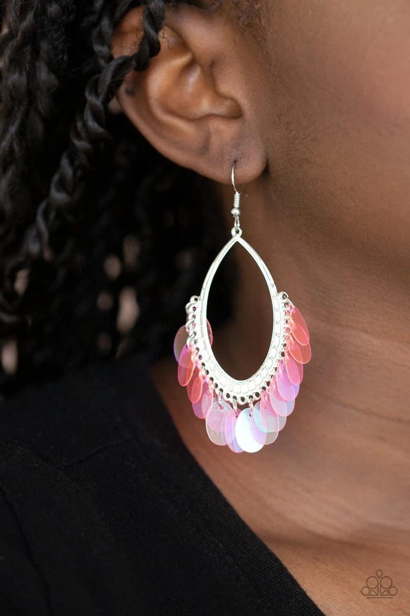 Paparazzi Accessories Mermaid Magic - Pink Iridescent pink sequins dangle from the bottom of a textured silver oval, creating an effervescent fringe. Earring attaches to a standard fishhook fitting. Sold as one pair of earrings. Jewelry