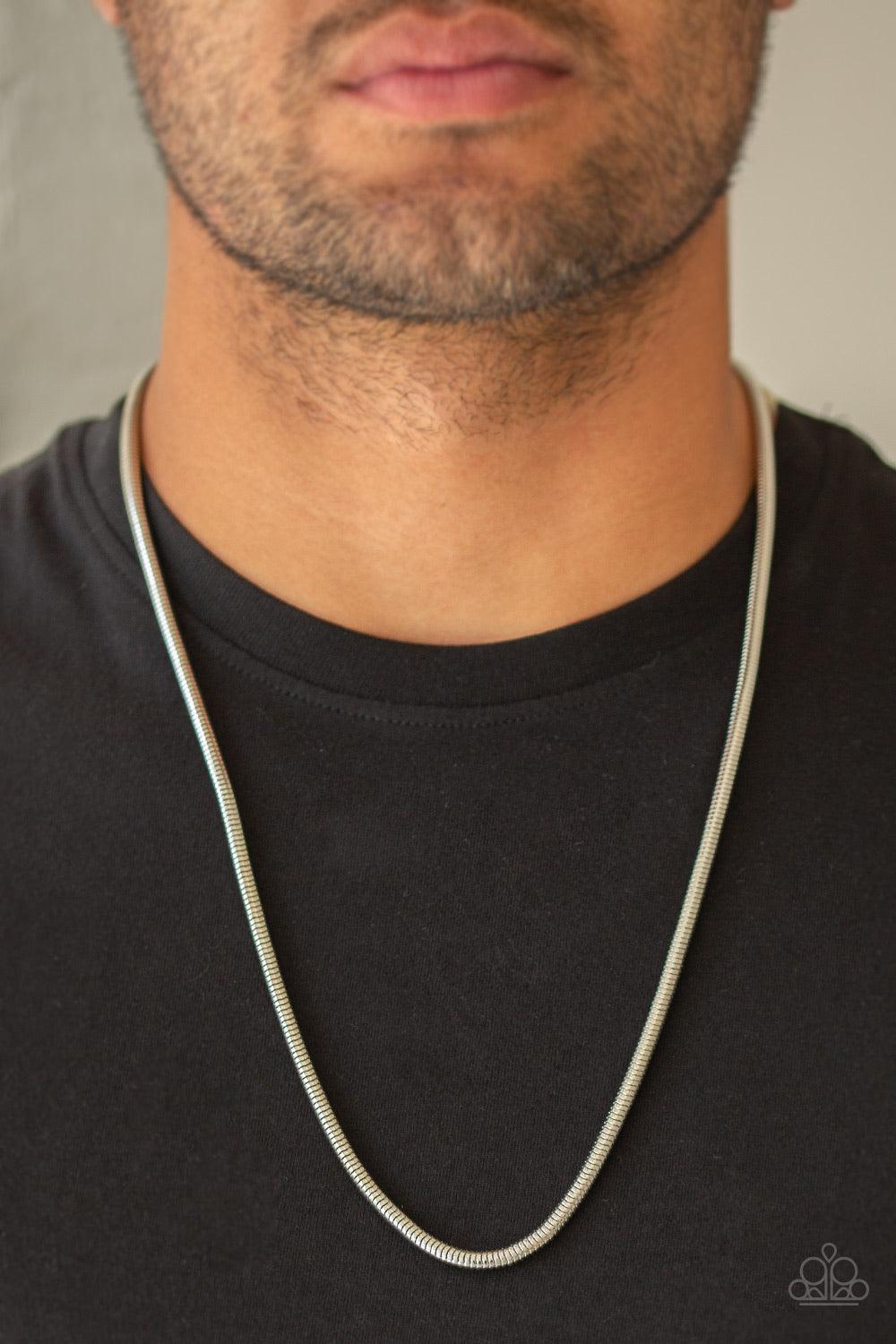 Paparazzi Accessories Victory Lap - Silver Brushed in a high-sheen shimmer, a rounded silver snake chain drapes across the chest for a sleek look. Features an adjustable clasp closure. Jewelry