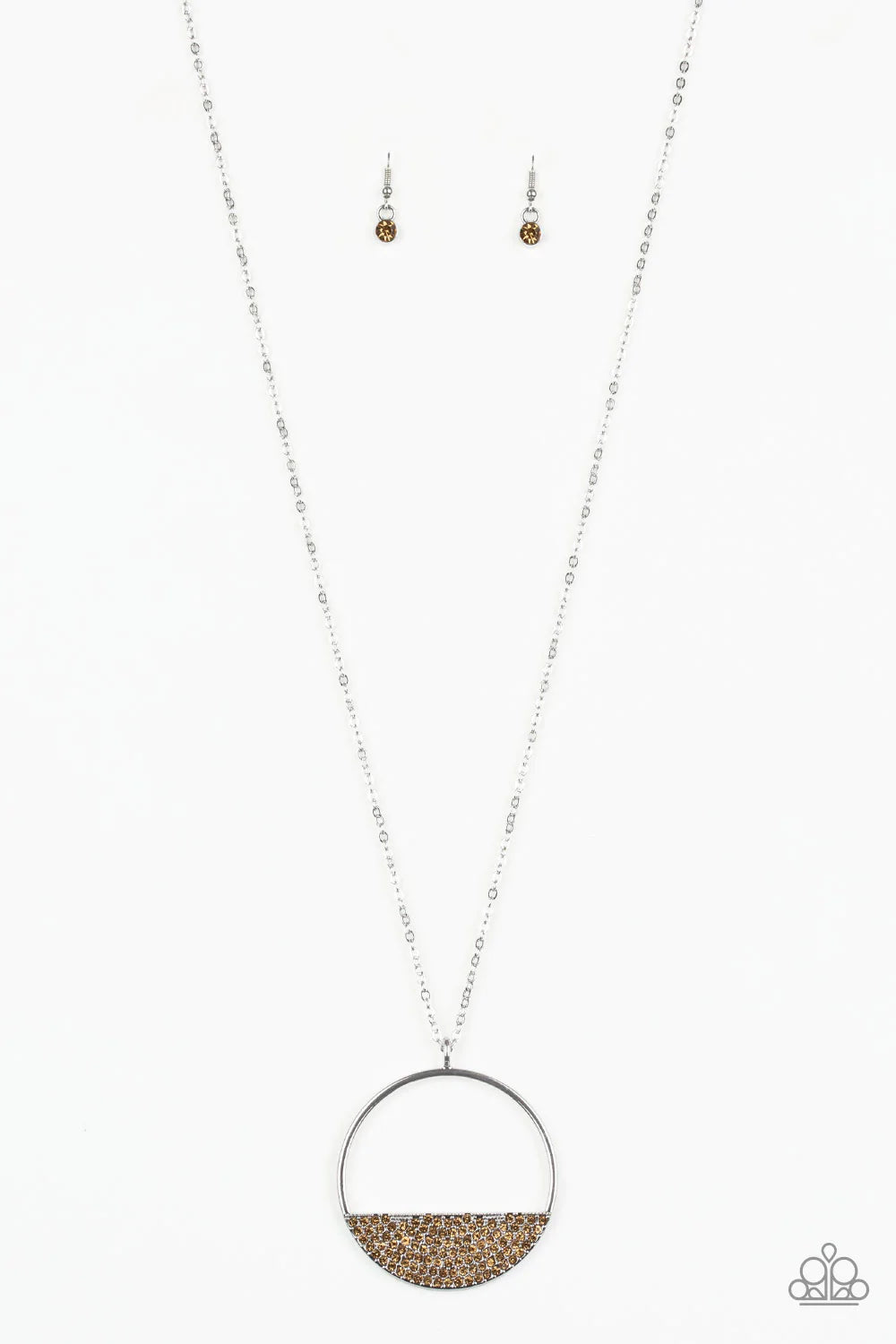 Paparazzi Accessories Bet Your Bottom Dollar - Brown Encrusted in golden topaz rhinestones, a silver crescent frame is pressed into the bottom of an airy circular pendant for a timeless look. Features an adjustable clasp closure. Sold as one individual ne
