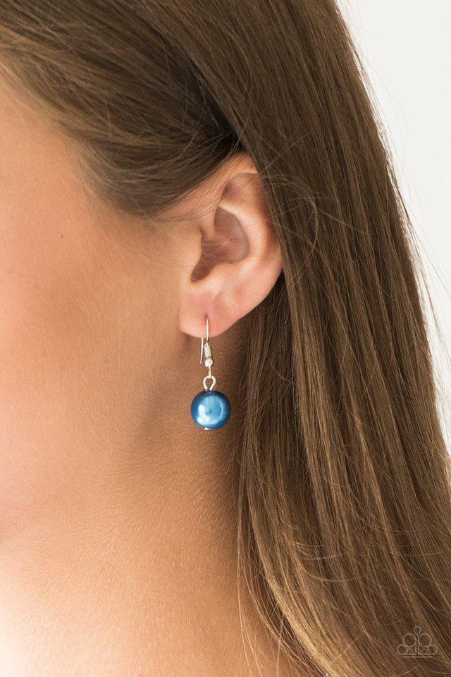 Paparazzi Accessories All About Me - Blue Oversized blue pearls, ornate silver beads, and an array of glistening silver accents trickle along a lengthened silver chain for a refined look. Features an adjustable clasp closure. Jewelry