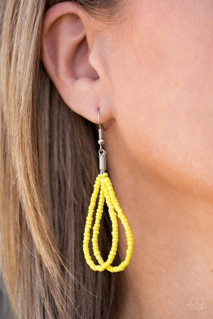 Paparazzi Accessories Peacefully Pacific - Yellow Infused with two bold silver fittings, row after row of sunny yellow seed beads layer across the chest for a seasonal fashion. Features an adjustable clasp closure. Sold as one individual necklace. Include
