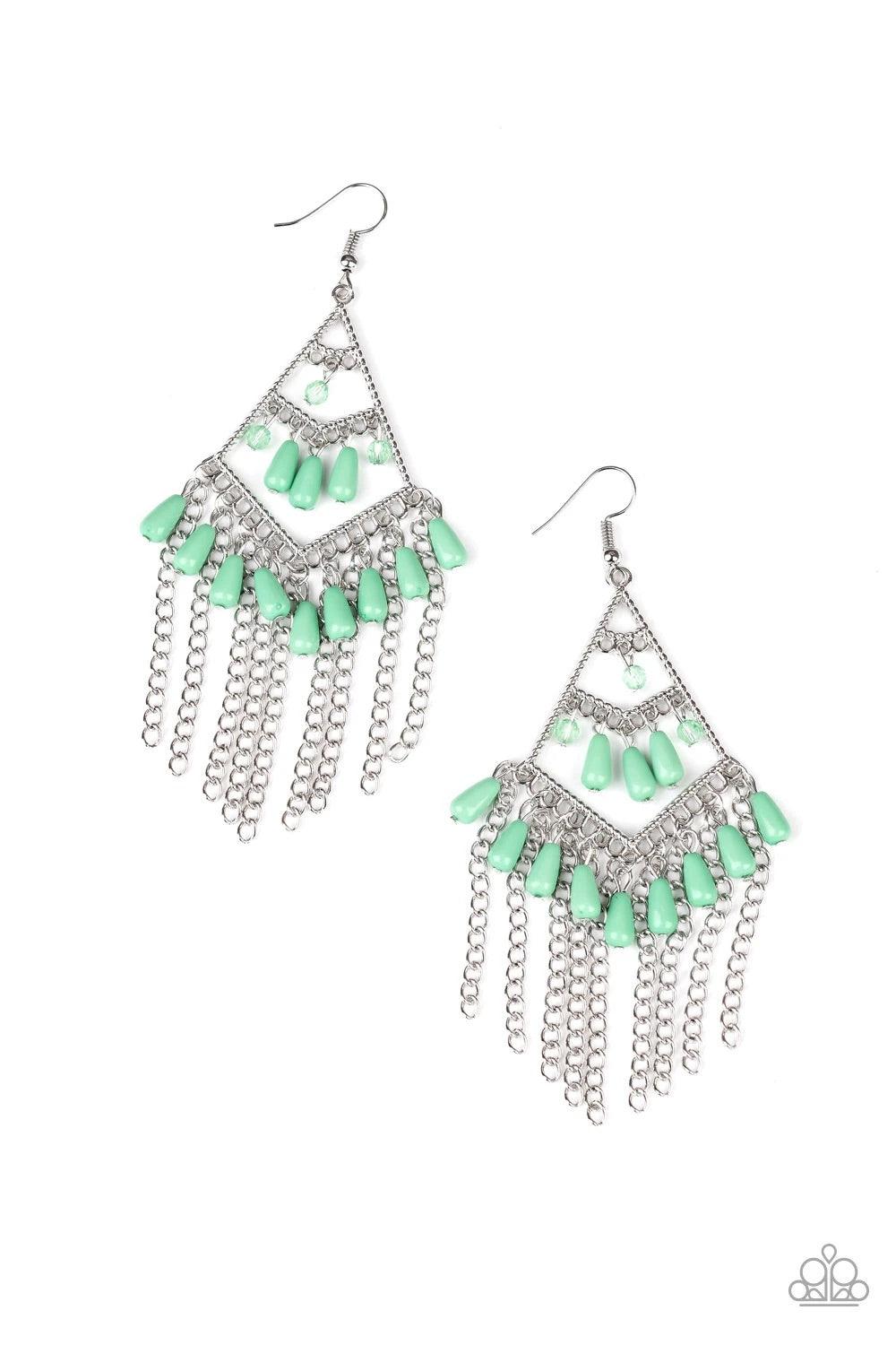 Paparazzi Accessories Trending Transcendence - Green Infused with a tapered silver chain fringe, green teardrop beads swing from the bottom of a shiny silver frame. Opaque and solid green beads swing from the top and middle of a stacked frame for a season