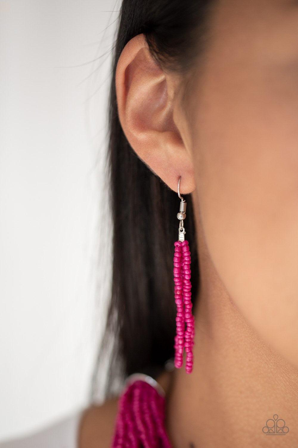 Paparazzi Accessories The Show Must CONGO On! - Pink Infused with two bold silver fittings, countless strands of vivacious pink seed beads drape below the collar for a seasonal look. Features an adjustable clasp closure. Sold as one individual necklace. I
