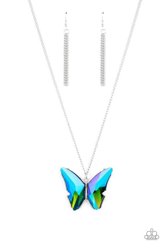 Paparazzi Accessories The Social Butterfly Effect - Blue Featuring a UV effect, dramatically faceted blue and green gems adorn the wings of a silver butterfly, creating an ethereal pendant at the bottom of a lengthened silver chain. Features an adjustable