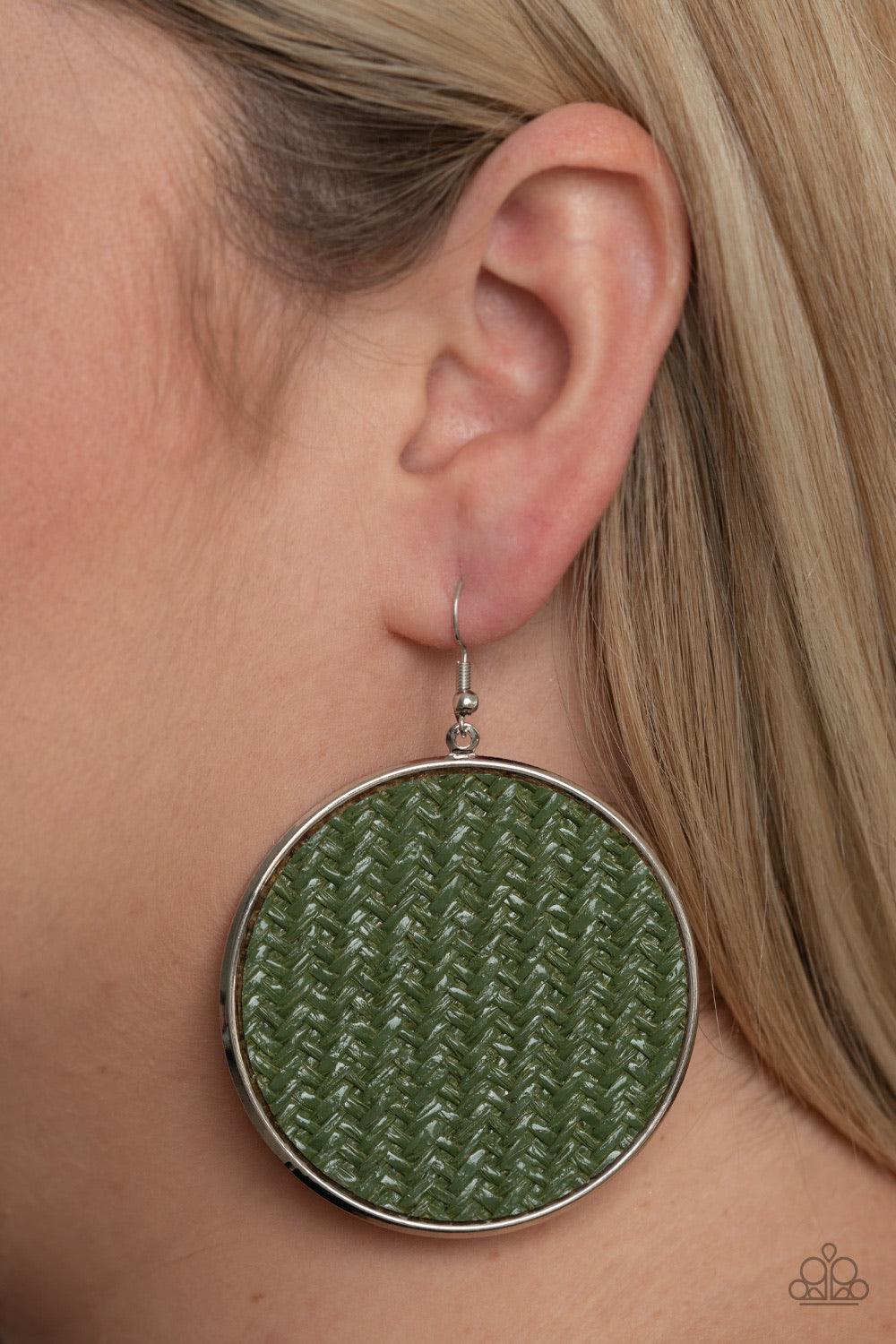 Paparazzi Accessories Wonderfully Woven ~Green Military Olive twine-like cording weaves across the front of an oversized silver disc for an earthy flair. Earring attaches to a standard fishhook fitting. Sold as one pair of earrings. Earrings