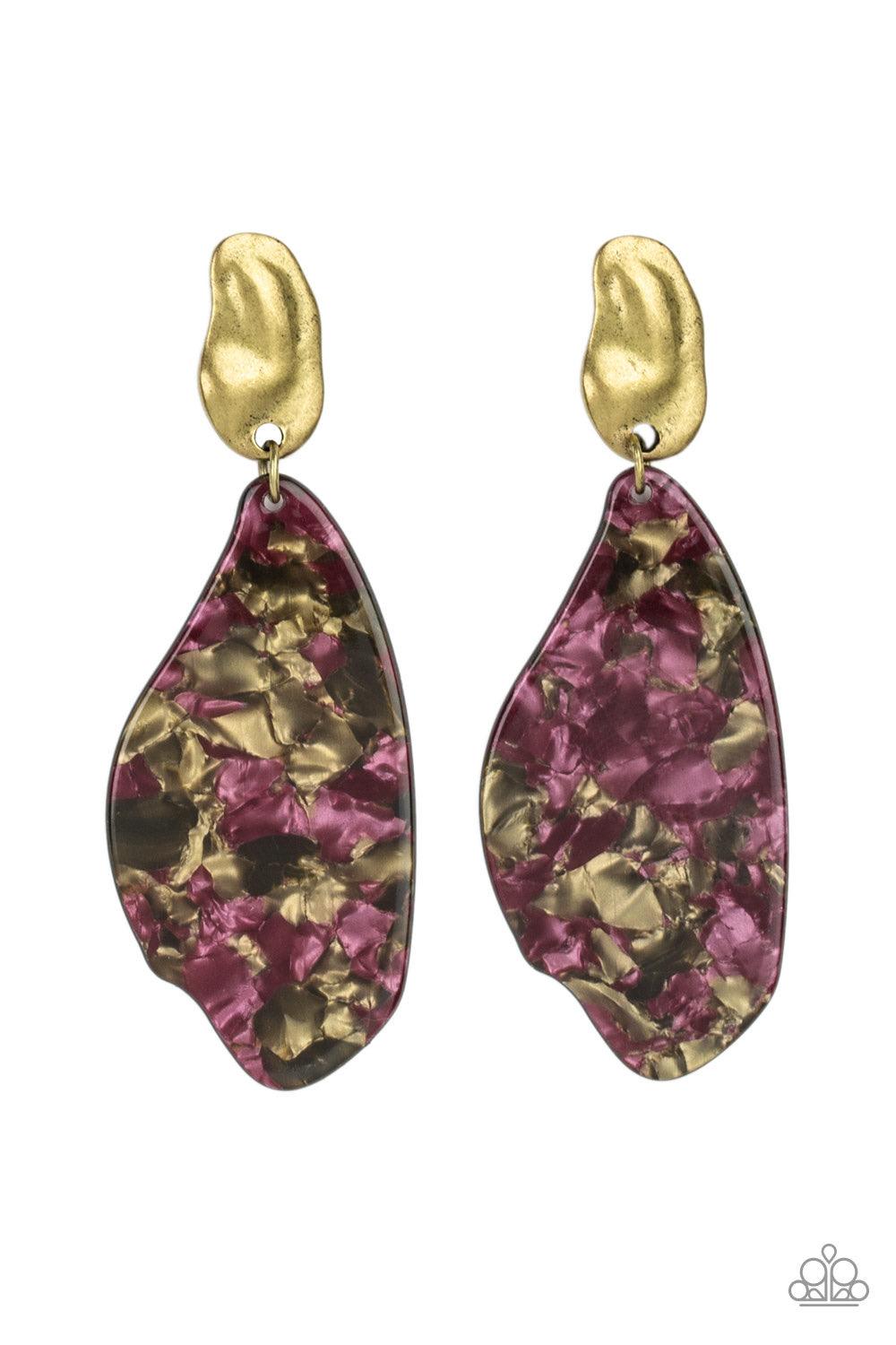 Paparazzi Accessories Fish Out of Water - Brass Featuring a faux marble finish, a colorful acrylic frame swings from the bottom of an abstract brass fitting for a retro vibe. Earring attaches to a standard post fitting. Color may vary. Jewelry