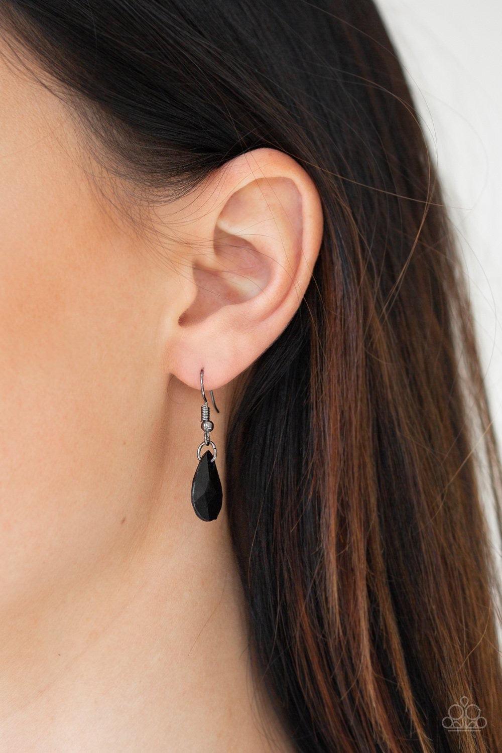 Paparazzi Accessories Hurricane Season - Black Teardrops - Gunmetal Chain Necklace and matching Earrings. Polished blackand smoky teardrops drip from the bottom of a shimmery gunmetal chain. Faceted gunmetal teardrops trickle between the colorful beading,