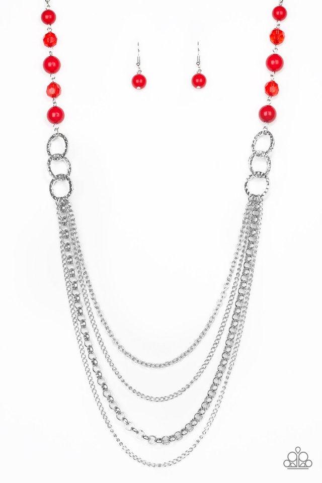 Paparazzi Accessories Vividly Vivid - Red Polished red, faceted crystal-like and delicately hammered silver hoops give way to mismatched silver chains down the chest for a whimsical look. Features an adjustable clasp closure. Sold as one individual neckla