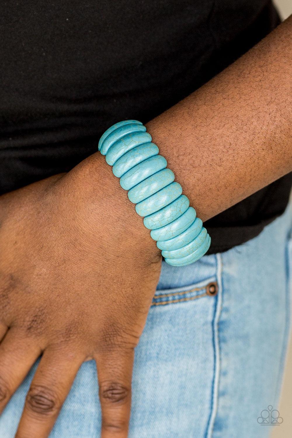 Paparazzi Accessories Peacefully Primal - Blue Refreshing turquoise stone beads are threaded along stretchy bands, creating an earthy look around the wrist. Jewelry