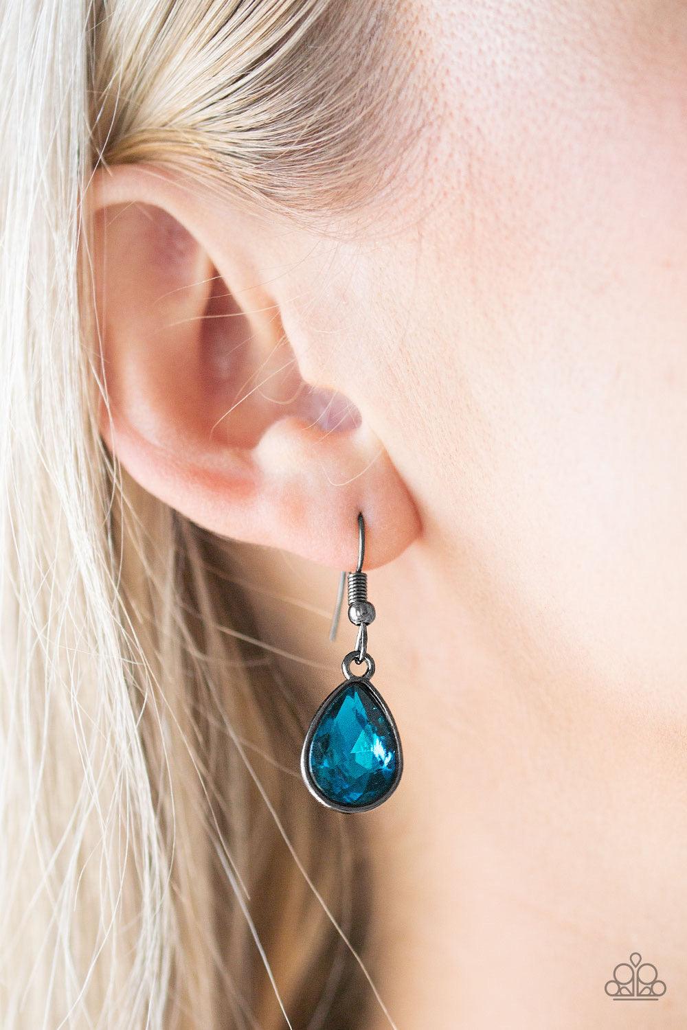 Paparazzi Accessories So Sorority - Blue A faceted blue teardrop gem swings from the bottom of a glistening gunmetal chain, creating a classic pendant below the collar. Features a toggle closure. Sold as one individual necklace. Includes one pair of match