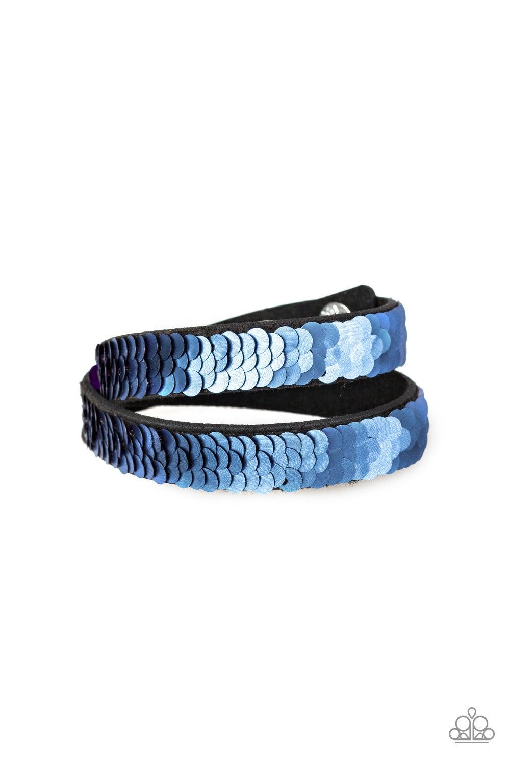 Paparazzi Accessories Under The SEQUINS - Purple Row after row of shimmery sequins are stitched across the front of a lengthened black suede band. The elongated band allows for a trendy double wrap design. Bracelet features reversible sequins that change