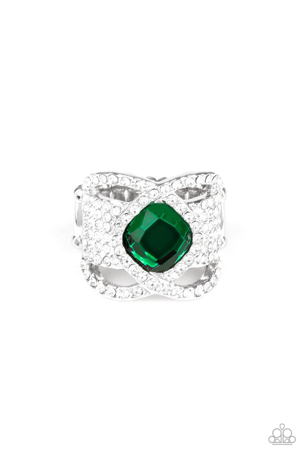 Paparazzi Accessories Triple Crown Twinkle ~Green Featuring a regal cut, a dramatic green rhinestone is nestled between interweaving white rhinestone encrusted bars atop a thick silver band stacked in row after row of white rhinestones for a statement-mak