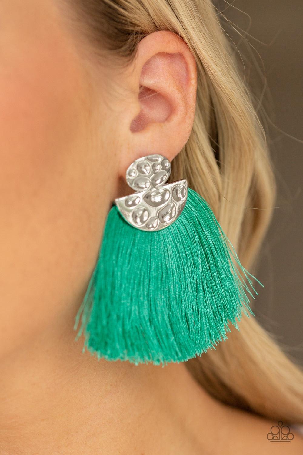 Paparazzi Accessories Make Some PLUME - Green Delicately hammered in glistening details, a shimmery silver oval and half moon frame coalesce into an edgy lure. A plume of soft green thread flares out from the bottom of the hammered frame, creating a vivac