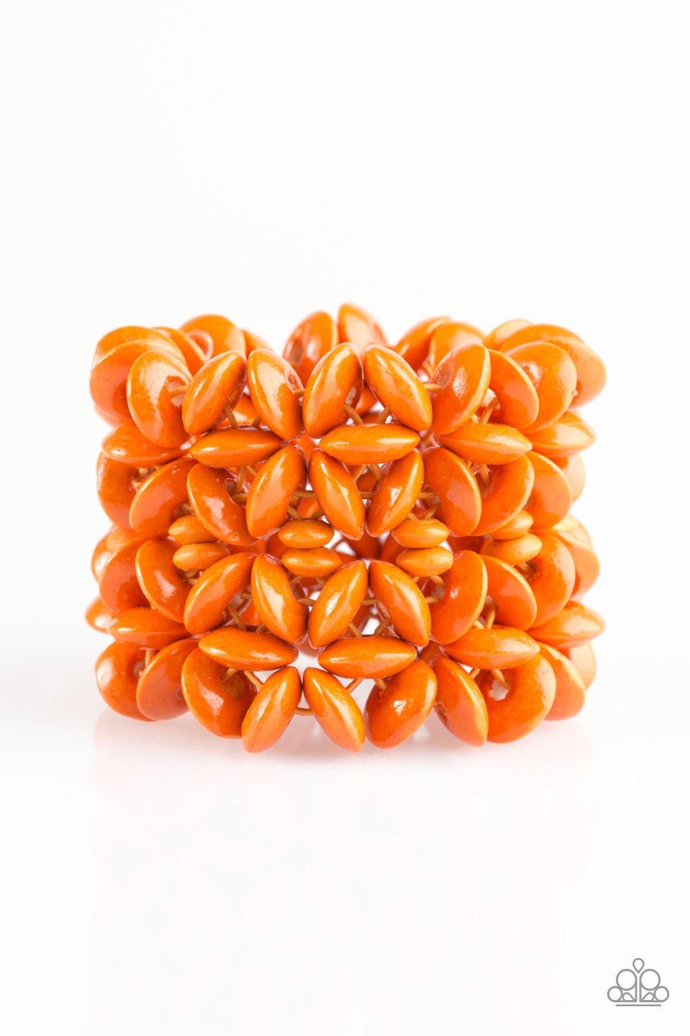 Paparazzi Accessories Hawaii Haven - Orange Vivacious orange wooden accents are threaded along elastic stretchy bands, creating summery floral patterns across the wrist for a seasonal look. Jewelry