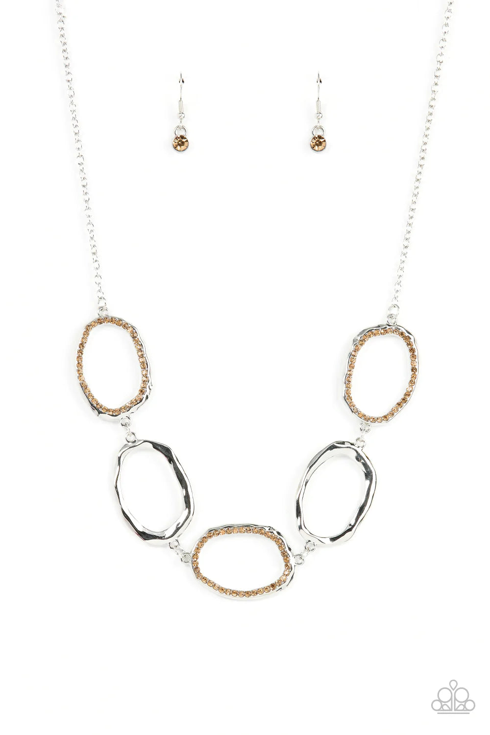 Paparazzi Accessories Grit Go-Getter - Brown A row of dazzling light topaz rhinestones makes its way around a delicately hammered imperfect circular frame. The airy frames alternately link end to end with similar shiny silver frames creating a glitzy fash