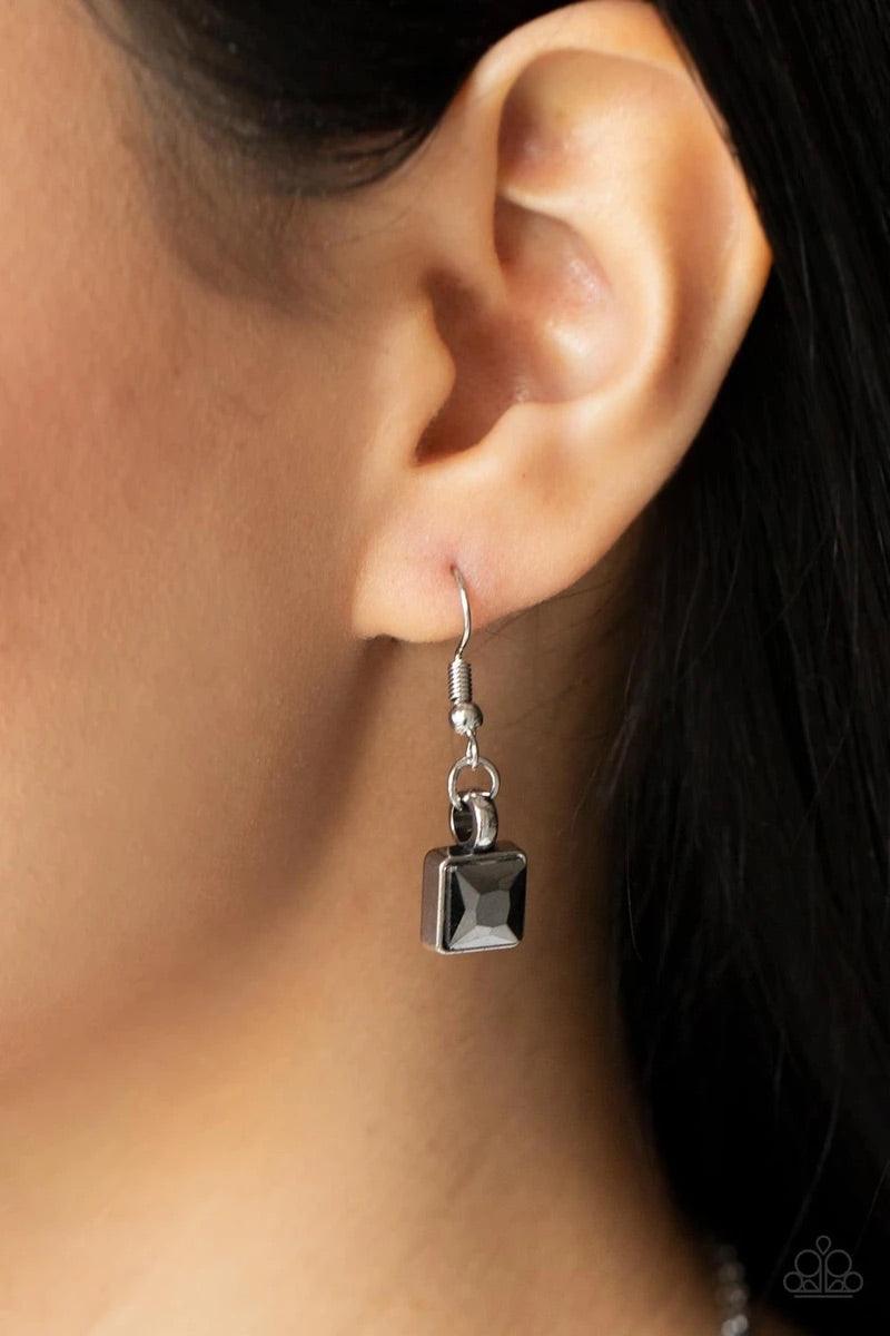 Paparazzi Accessories Graciously Audacious - White Smoky hematite square rhinestone frames and oversized silver beads alternate along a silver popcorn chain, creating a stellar fringe below the collar. Features an adjustable clasp closure. Sold as one ind
