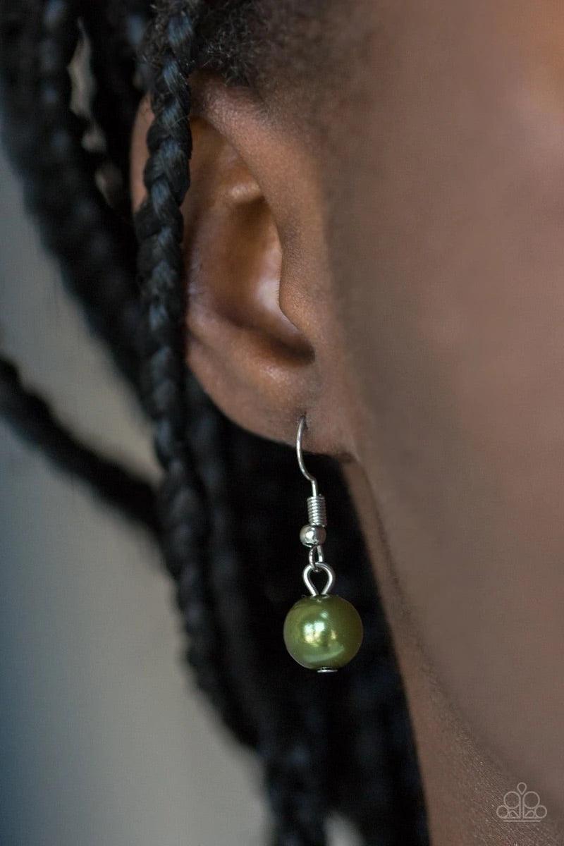 Paparazzi Accessories Party Dress Princess - Green Pearly green beads and shimmery silver hoops trickle along glistening silver chains, creating mismatched layers down the chest. Features an adjustable clasp closure. Sold as one individual necklace. Inclu