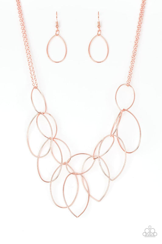 Paparazzi Accessories Top-TEAR Fashion - Copper Shiny copper teardrops link below the collar. Large shiny copper teardrops drip from the bottom, creating an airy fringe. Features an adjustable clasp closure. Sold as one individual necklace. Includes one p