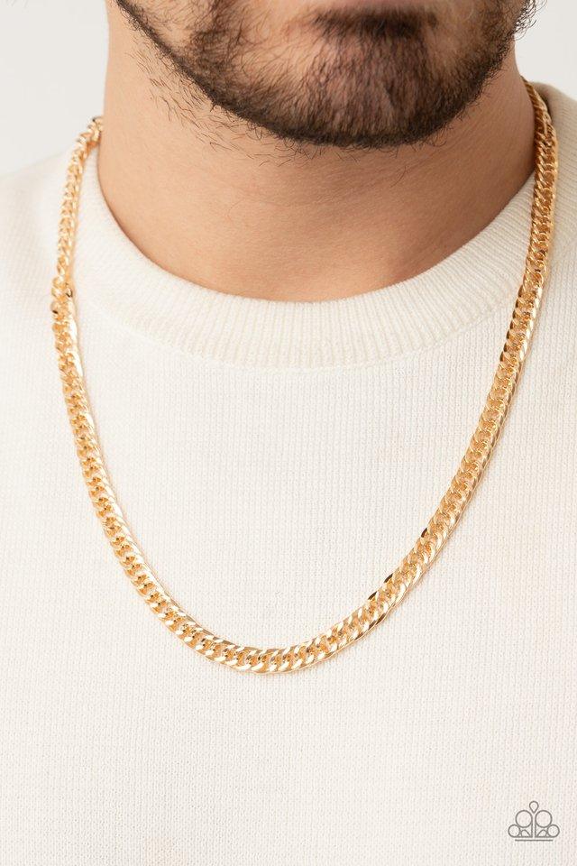 Paparazzi Accessories Valiant Victor - Gold Featuring diamond-cut textures on one side and a smooth finish on the other, a glistening gold curb chain drapes below the collar for a reversible versatile look. Features an adjustable clasp closure. Sold as on