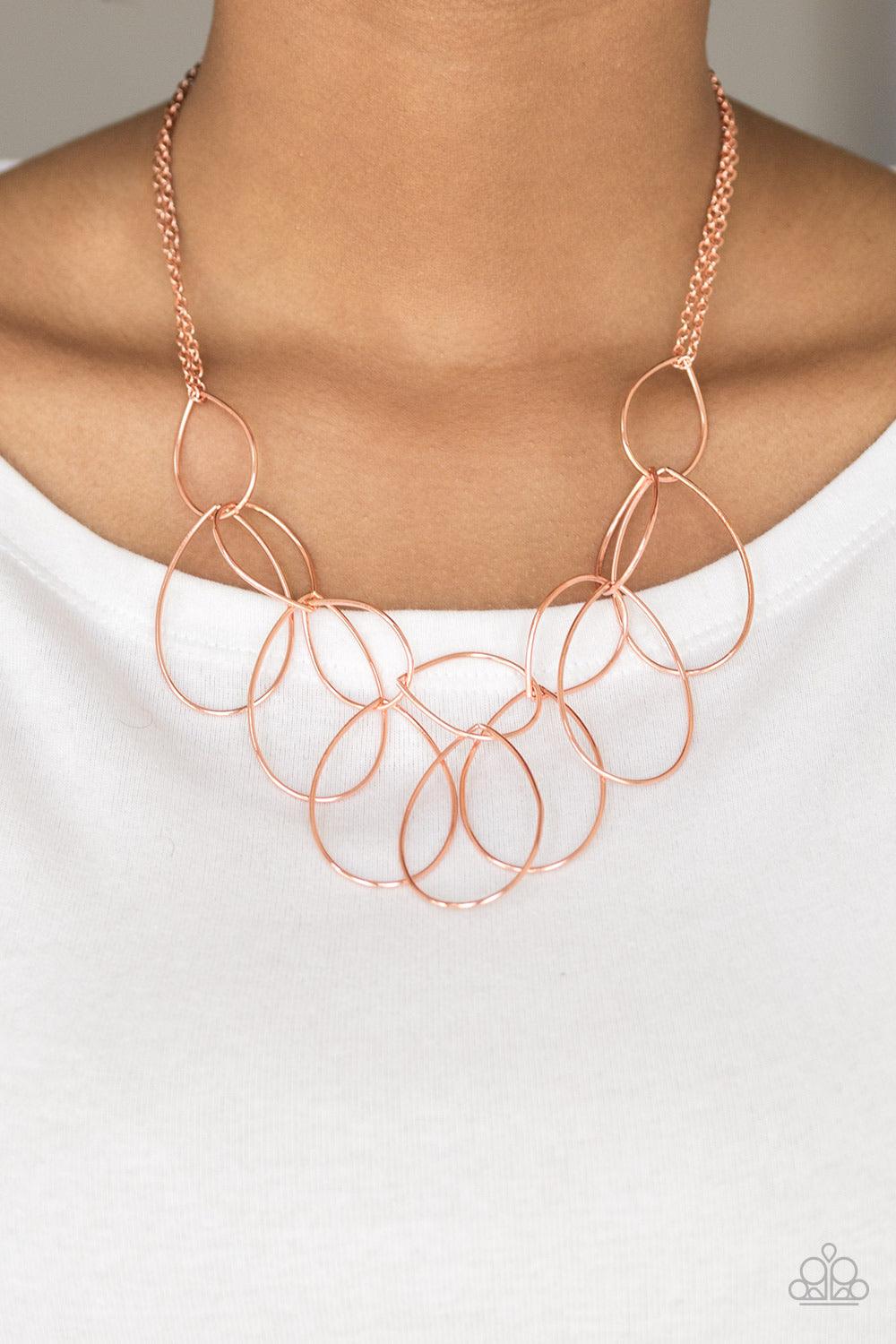 Paparazzi Accessories Top-TEAR Fashion - Copper Shiny copper teardrops link below the collar. Large shiny copper teardrops drip from the bottom, creating an airy fringe. Features an adjustable clasp closure. Sold as one individual necklace. Includes one p