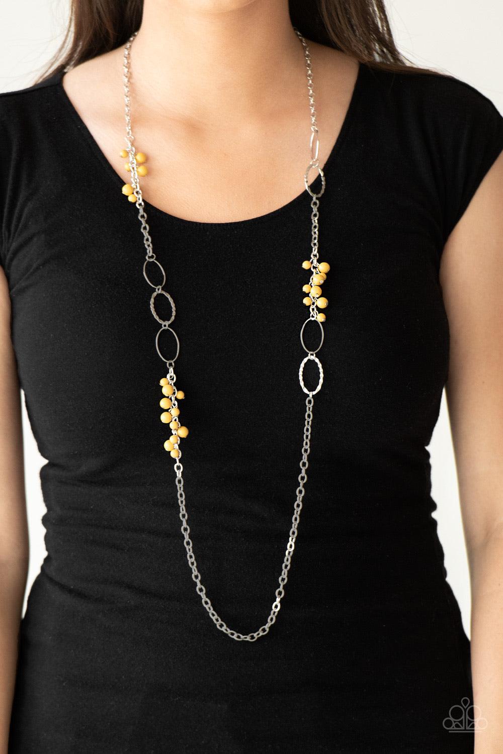 Paparazzi Accessories Flirty Foxtrot - Yellow Smooth and hammered silver rings join clusters of yellow beads along a shimmery silver chain for a colorful look. Features an adjustable clasp closure. Jewelry