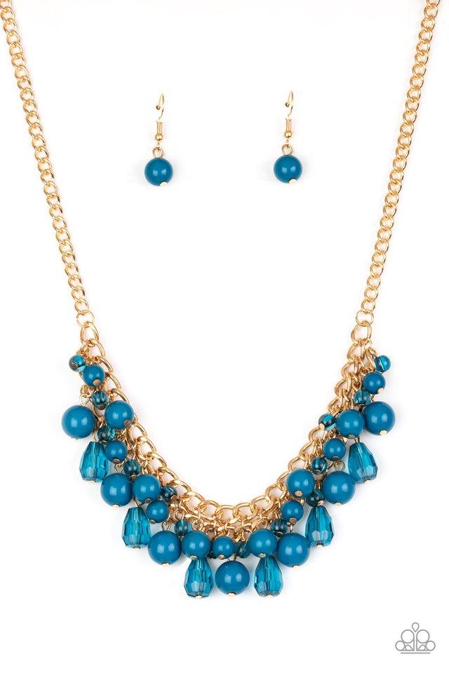 Paparazzi Accessories Tour De Trendsetter - Blue Varying in shape, glassy and polished blue beads swing from the bottom of interlocking gold chains. Crystal-like teardrops are sprinkled along the colorful beading, creating a flirtatious fringe below the c