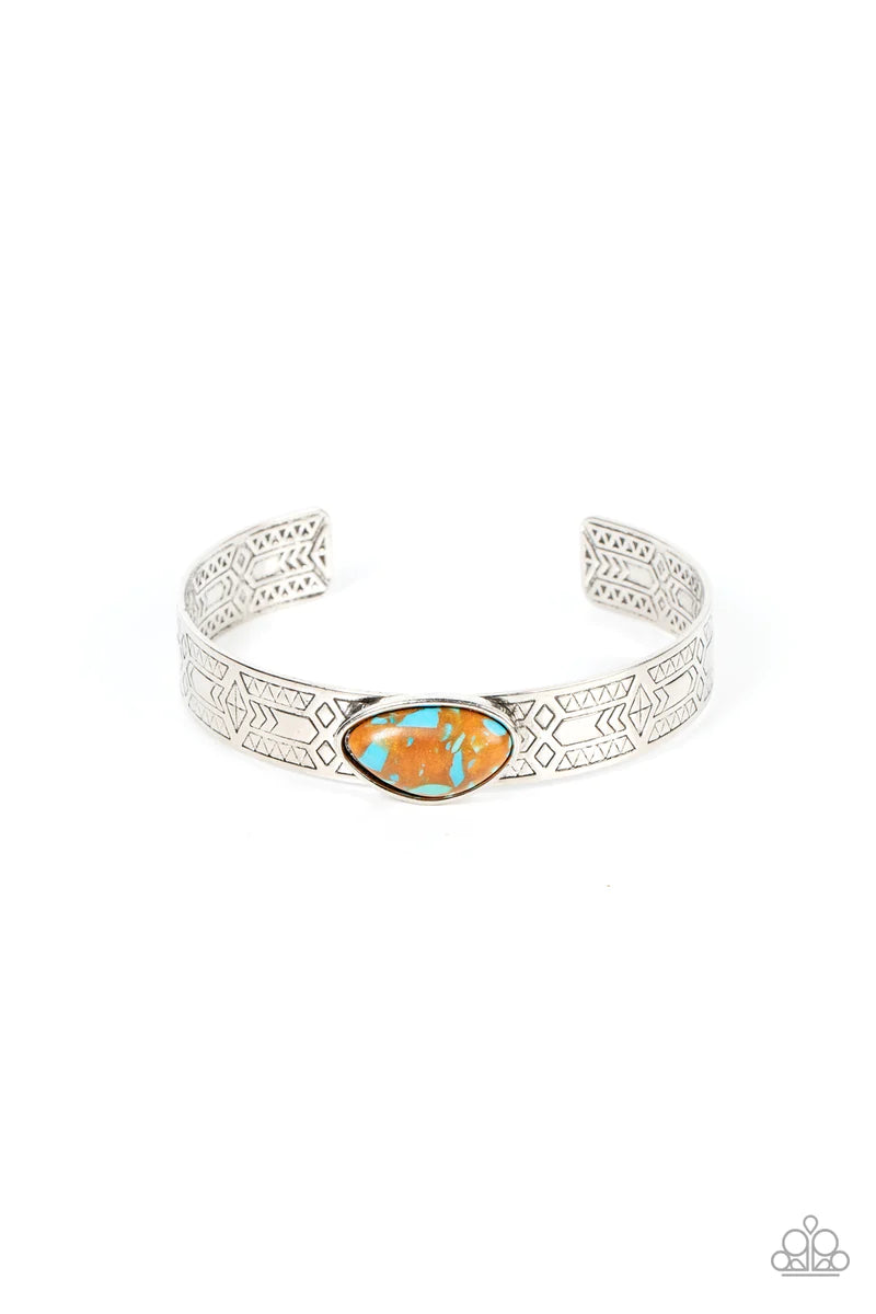 Paparazzi Accessories Gobi Glyphs - Brown Featuring a terrazzo finish, an asymmetrical brown stone is pressed into a silver cuff embossed in geometric texture for an artisanal finish. Sold as one individual bracelet. Jewelry