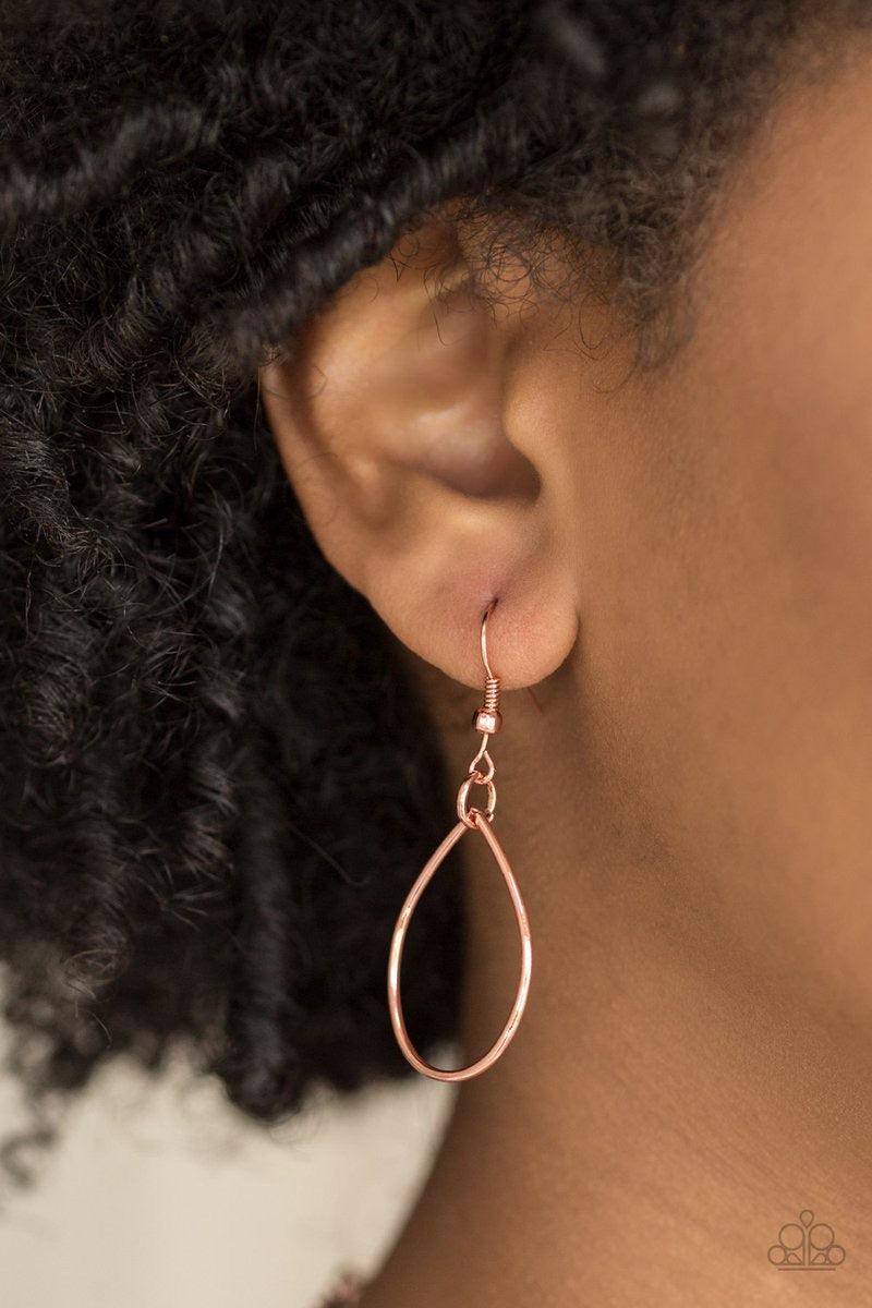 Paparazzi Accessories Top-TEAR Fashion - Copper Shiny copper teardrops link below the collar. Large shiny copper teardrops drip from the bottom, creating an airy fringe. Features an adjustable clasp closure. Sold as one individual necklace. Includes one p