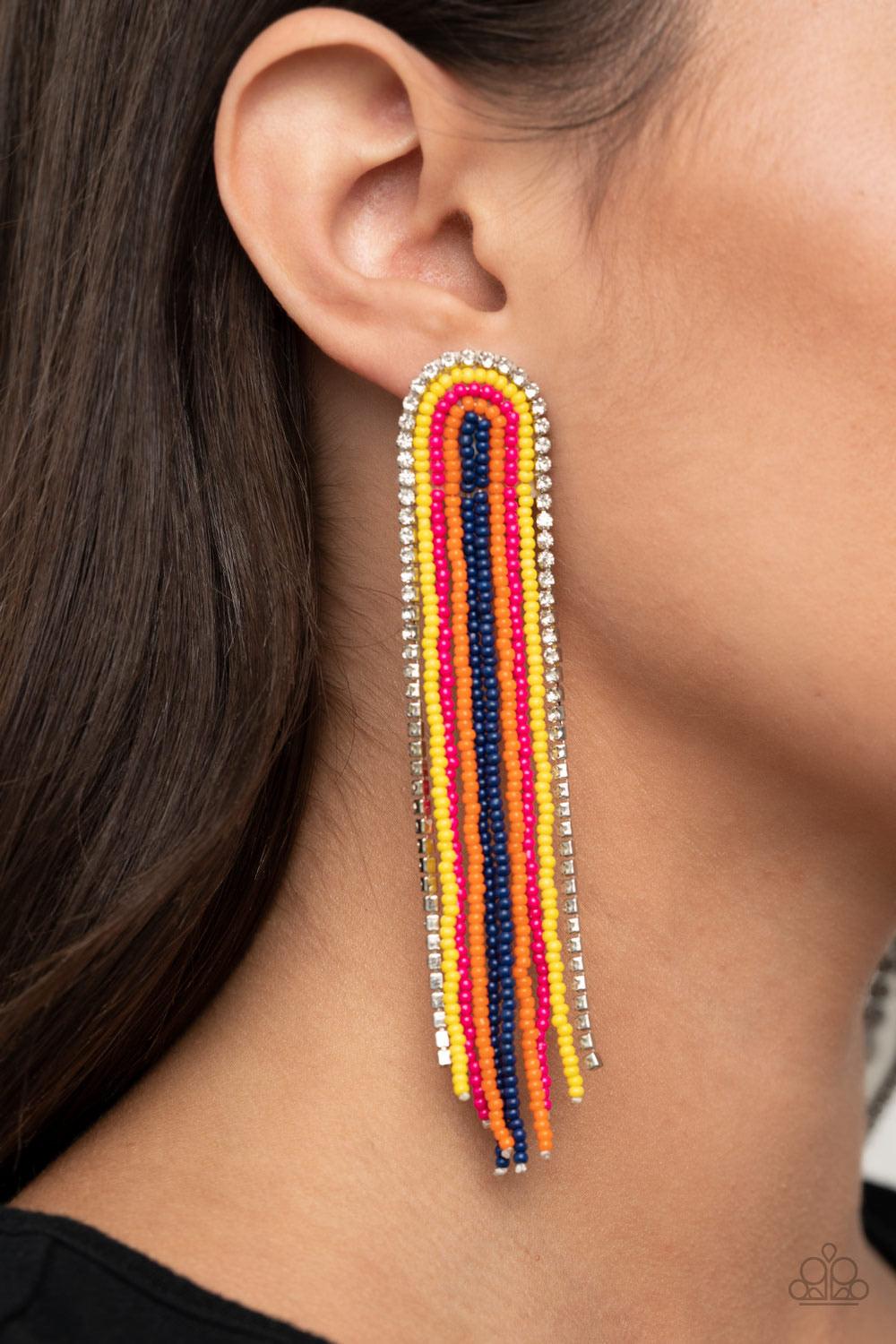 Paparazzi Accessories Let There BEAD Light - Multi Mismatched strands of yellow, Pink Peacock, Amberglow, Blue Depths seed beads and a glittery strand of white rhinestones delicately curls into a beaded rainbow-like tassel. Earring attaches to a standard