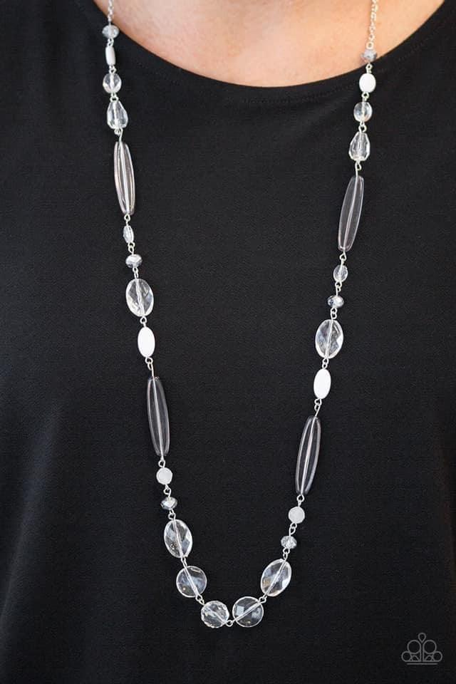 Paparazzi Accessories Quite Quintessence - White Varying in shape and shimmer, faceted white and metallic crystal-like beads trickle down the chest for a whimsical look. Features an adjustable clasp closure. Sold as one individual necklace. Includes one p